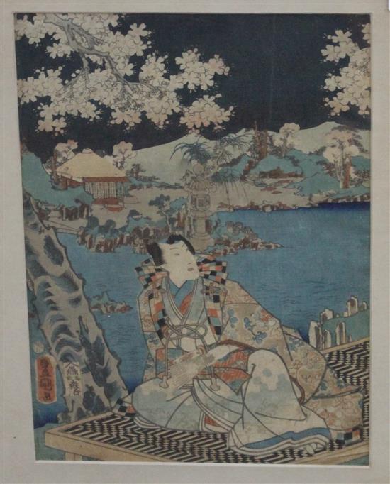 Kunisada?, a Japanese woodblock print, Samurai seated beneath blossoming trees, 34 x 24cm